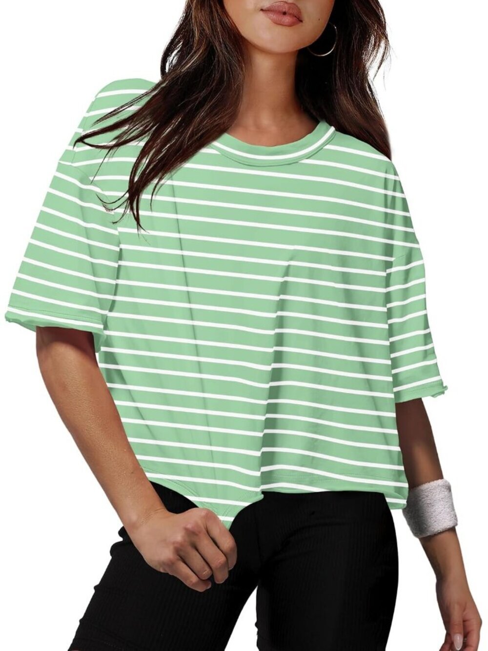 Women's Stripe Green Crew Neck Casual Crop Tops Short Sleeve Basic Tees Shirts